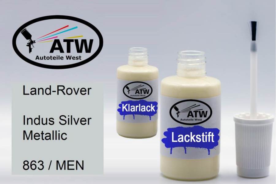 Land-Rover, Indus Silver Metallic, 863 / MEN: 20ml Lackstift + 20ml Klarlack - Set, von ATW Autoteile West.